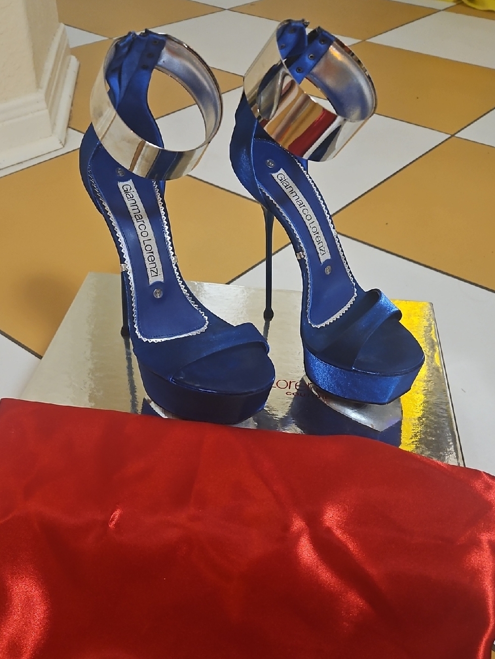Blue Satin Platform Stiletto Sandals with Silver Ankle Cuff